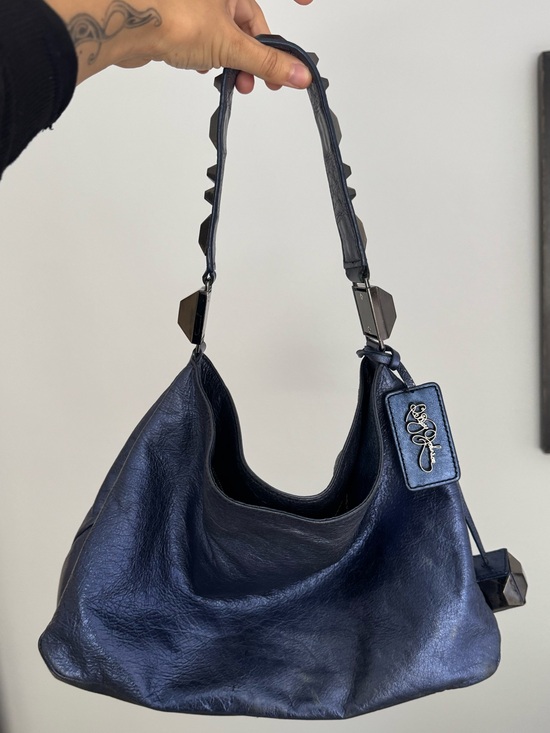 Betsey Johnson Handbags - Betsey Johnson Vintage Y2K Metallic Blue Studded Hobo Bag